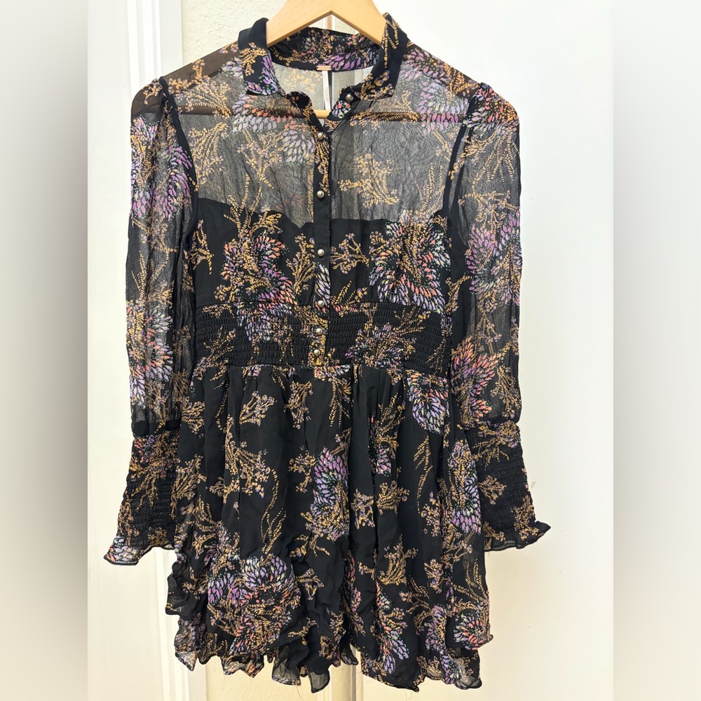 Free People Black and Purple Floral Top